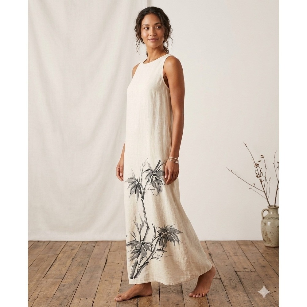 VTG Diane Gilman 100% Silk Maxi Tank Dress Beige Bamboo Print Sleeveless Size S